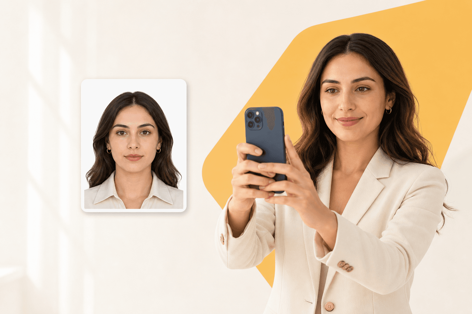 Telefonuyla fotoğraf çeken kullanıcı ve hazırlanmış biyometrik fotoğraf örneği